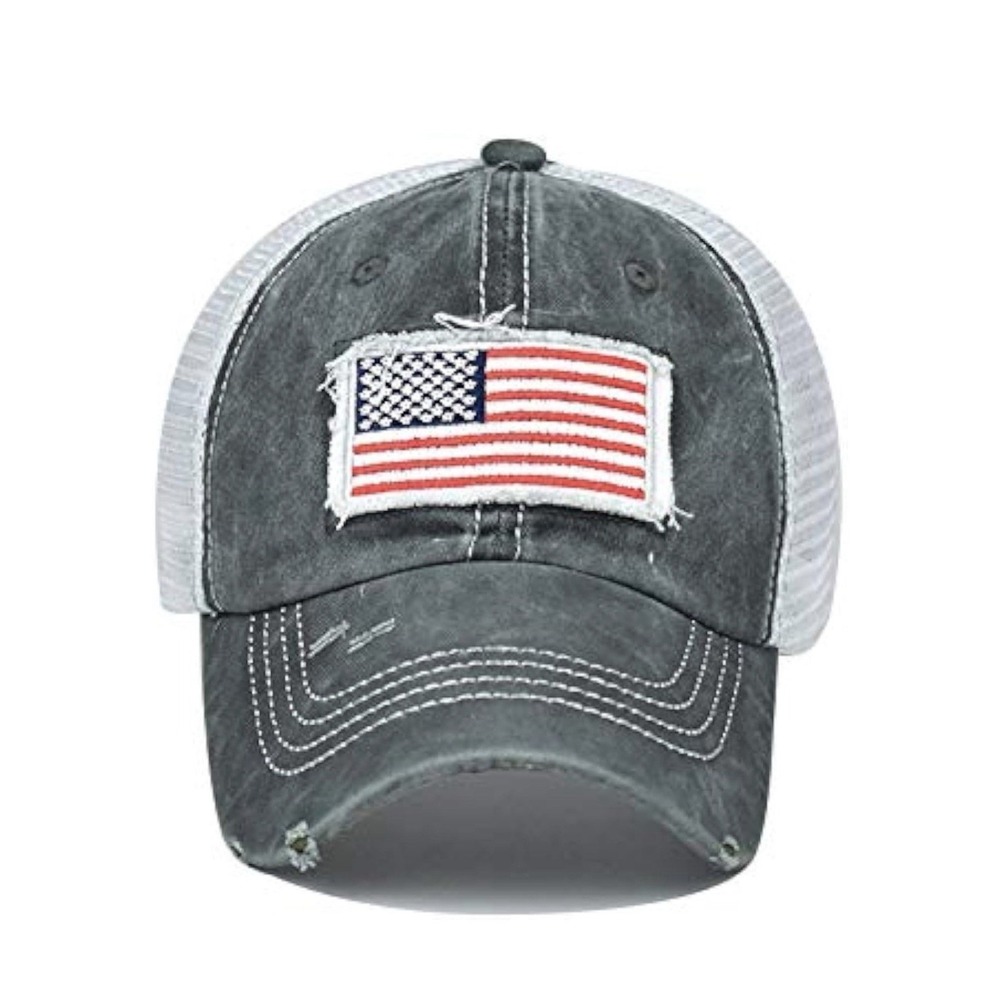 Distressed American Flag Ponytail Trucker Hat Grey White Mesh Adjustable Cap - Picture 2 of 6